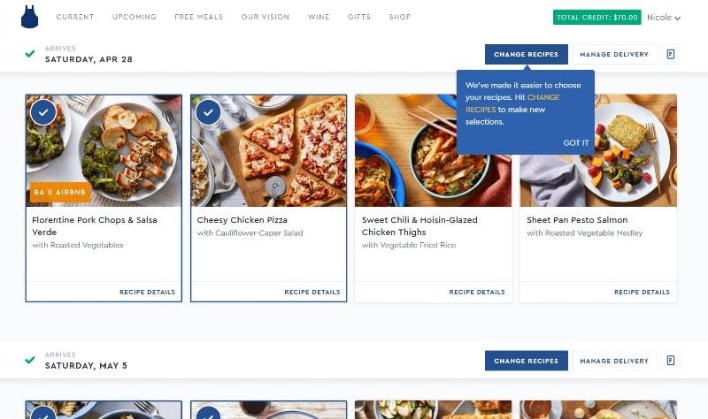 Blue Apron Meal plan selection example