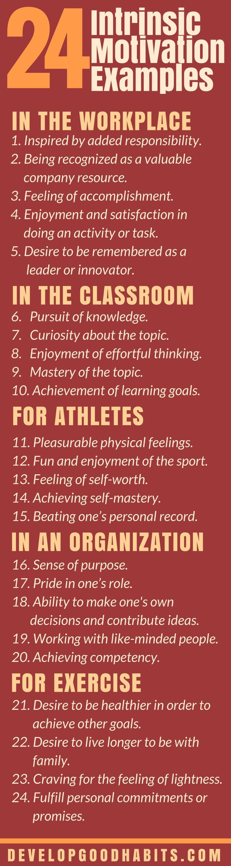 Check out this Intrinsic Motivation Examples #Infographic and learn how to feel greater satisfaction in your achievements. #personaldevelopment #personalgrowth #success #motivation #inspiration #habits #change #psychology #mentalhealth #mindset #selfhelp