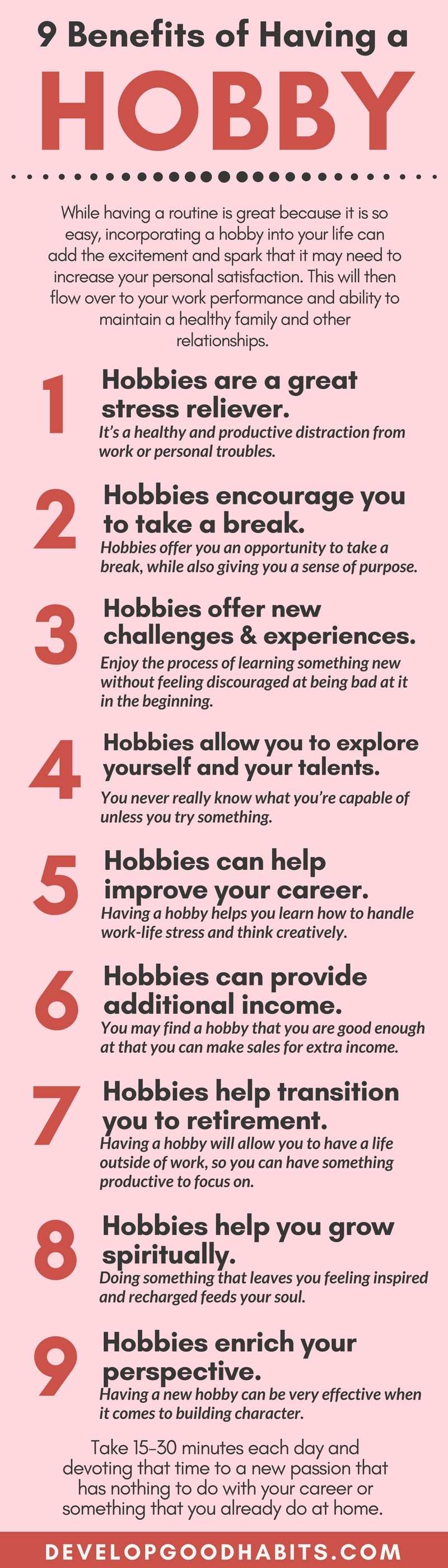 Read the rest of the post about 22 Benefits of Having a Hobby or Enjoying a Leisure Activity. Learn about the different ways that having a hobby can improve your life.  #mentalhealth #longevity #personalgrowth #healthylifestyle #personaldevelopment #psychology #healthyhabits