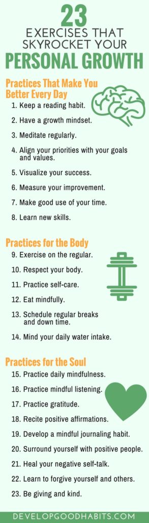 Check out this infographic on Daily Self-Improvement and learn about the 23 Exercises That Will Skyrocket Your Personal Growth. #infographic #selfimprovement #selfhelp #selflove #personaldevelopment #personalgrowth #meditation #happiness #success