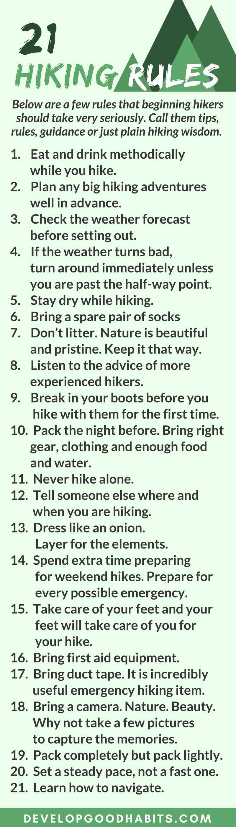 hiking rules infographics Check out this #infographic on #hiking for beginners guide for some good hiking tips. #keepingfit #weightloss #exercise #fitness #adventure #camping #explore