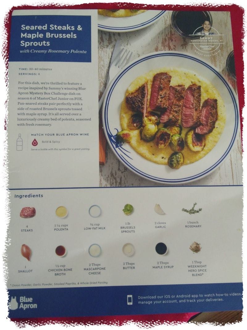 Blue Apron review Seared Steak recipe card front