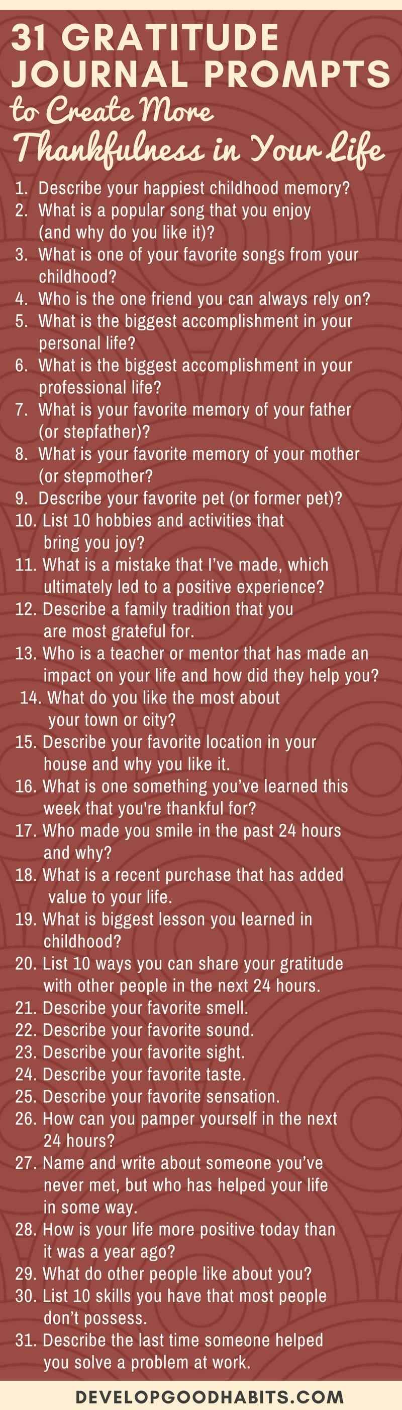 These 31 Gratitude Journal Prompts can help you start practicing gratitude to turn it into a daily habit by committing to gratitude journaling. #mindfulness #mindfulmondays #selfcare #selfhelp #selflove #inspiration #motivation #wellness #healthyhabits #infographic