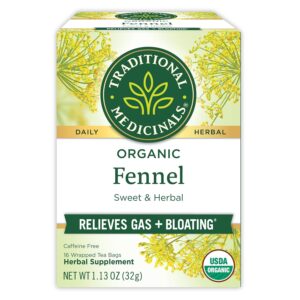 Box of Traditional Medicinals Organic Fennel herbal tea, showing fennel imagery and USDA Organic seal, 16 wrapped tea bags (net wt 1.3 oz).