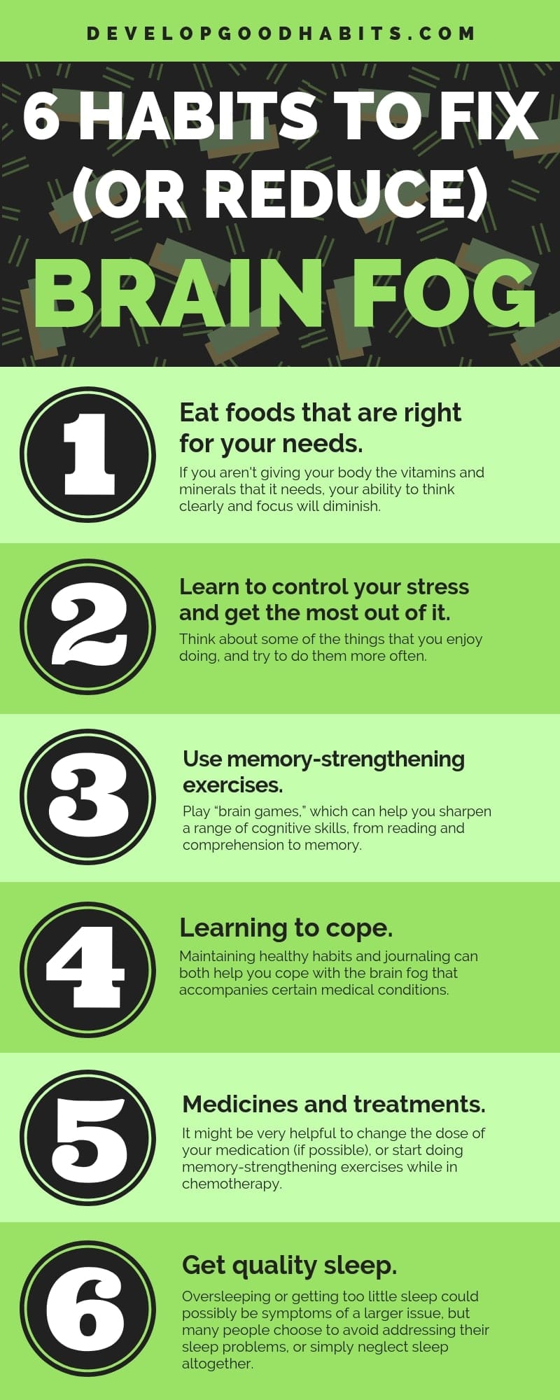 These are the six are things you can do to cope, prevent, or lessen the effects of brain fog. #infographic #productivity #learning #selfimprovement #selfcare #selfhelp #mentalhealth #habits #change #wellness