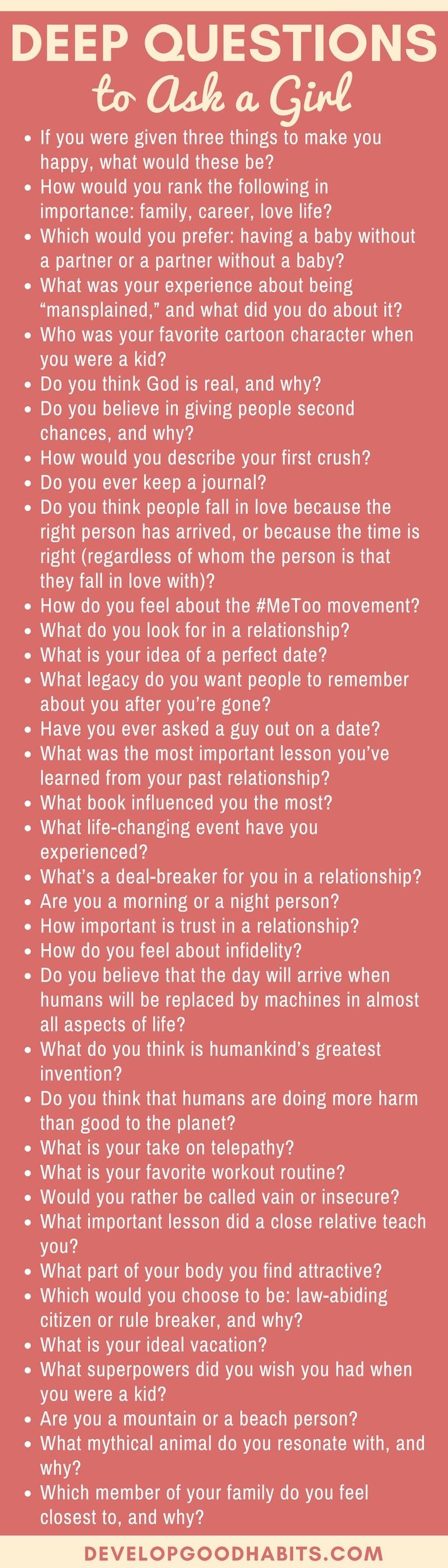 Use these relationship questions to ask and deep questions to ask a girl to help you discover the things she values the most.