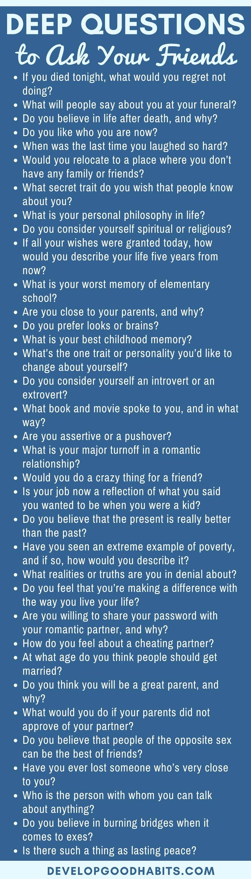 Try out these questions to get to know someone and deep questions to ask your friends to help you gauge their intelligence and learn about their level of compassion. #friendship #friendshipquotes #friendshipgoals #questions #dating #datingtips #relationshipadvice #conversation