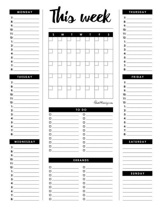 Weekly organizer Undated weekly Weekly schedule Weekly to do list Weekly agenda Horizontal planner Weekly template