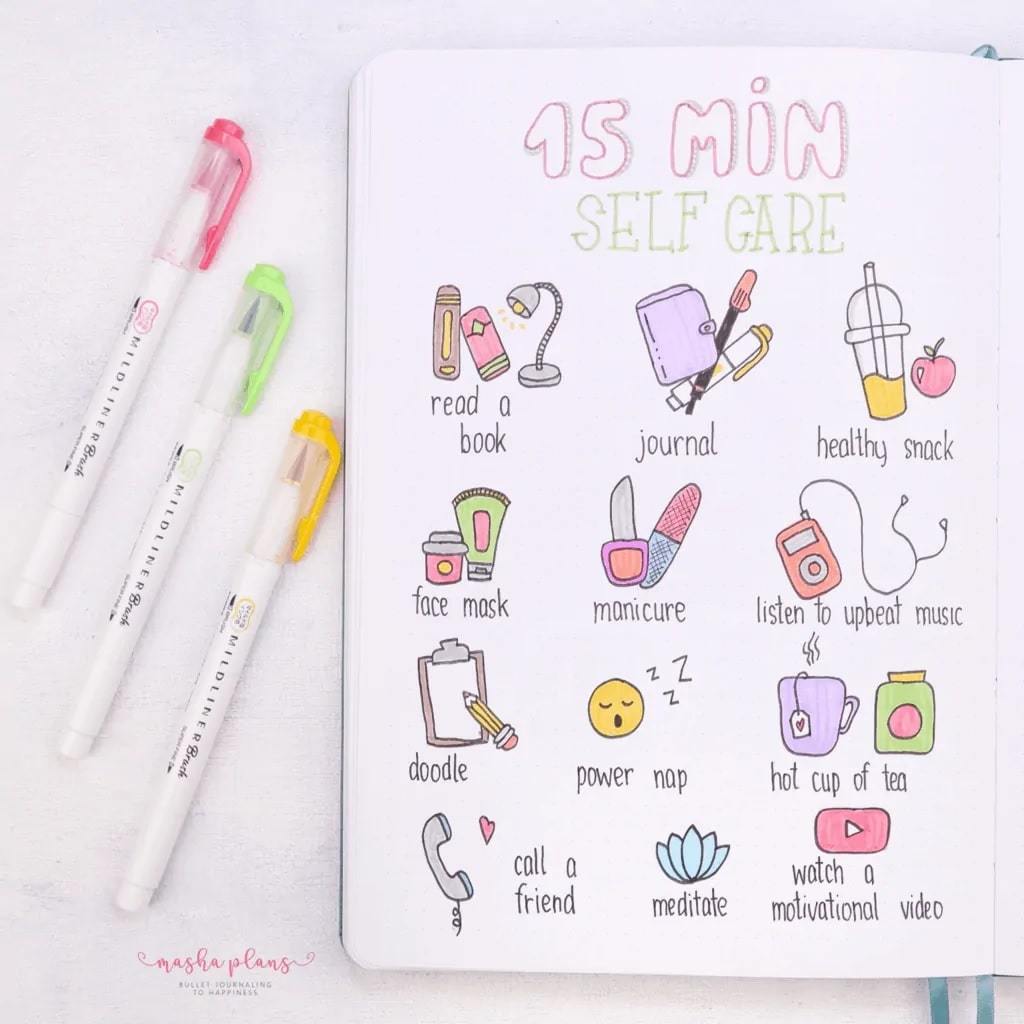 self care doodled icons | sample self care journal | digital self care journal