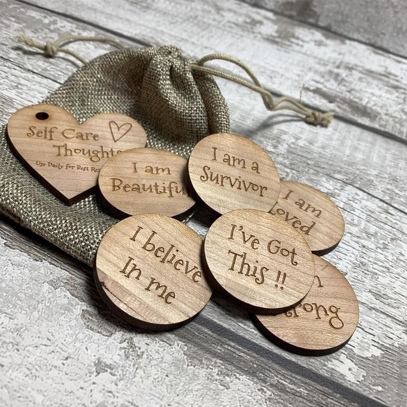 positive affirmations engraved wooden tokens | cheap self care gifts | best self care gifts for stress