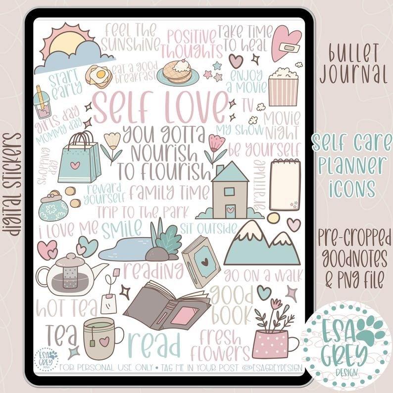 self care digital planner icon stickers | diy self care gifts | self care gifts for busy people