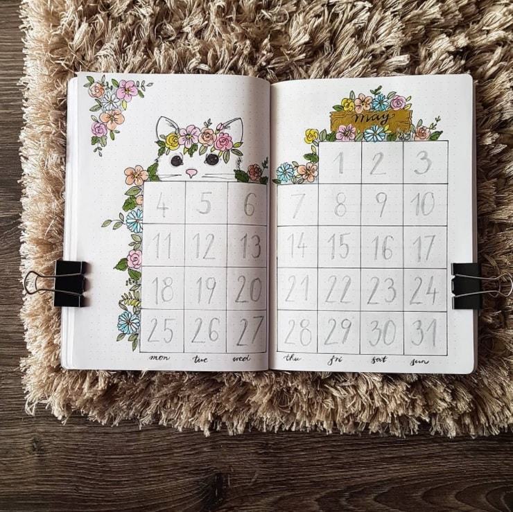 flowers and cat of may | bullet journal monthly spread template | bullet journal weekly spread