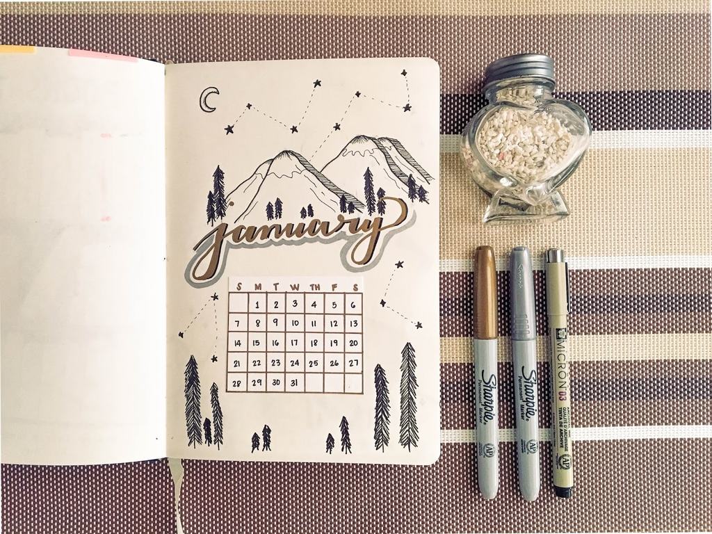 mountains and constellations | bullet journal monthly spread template | bullet journal weekly spread
