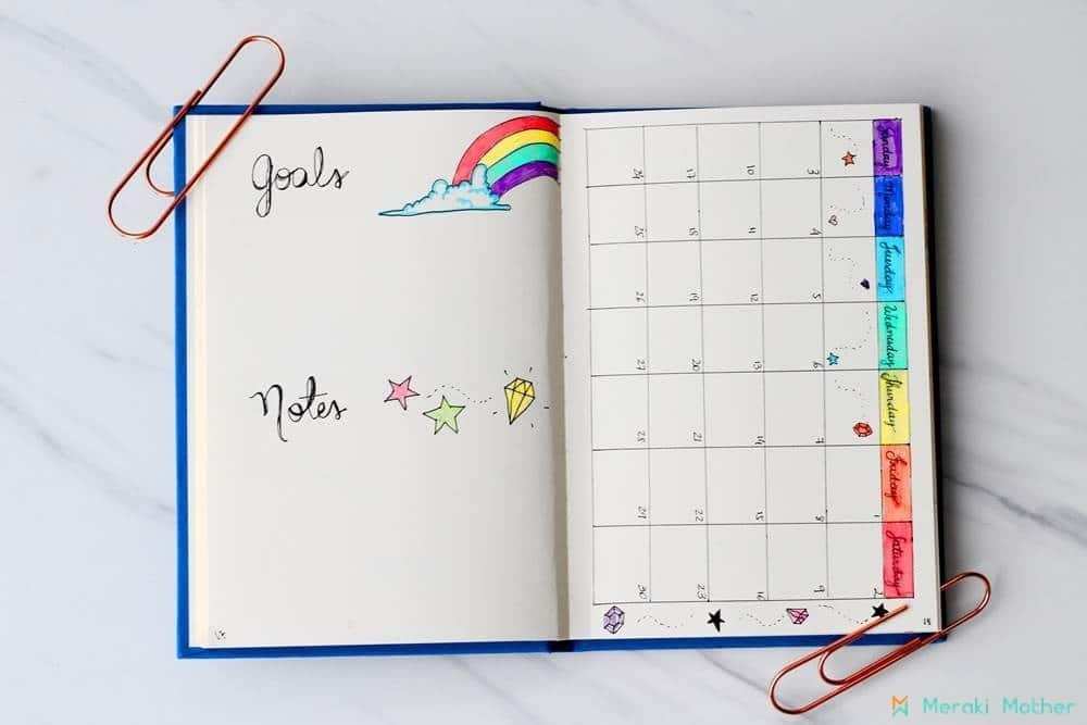 unicorns and rainbows | bullet journal monthly spread minimalist | bullet journal monthly spread template