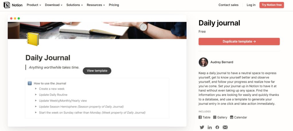 notion daily journal template free | notion travel journal template | easy notion daily journal template