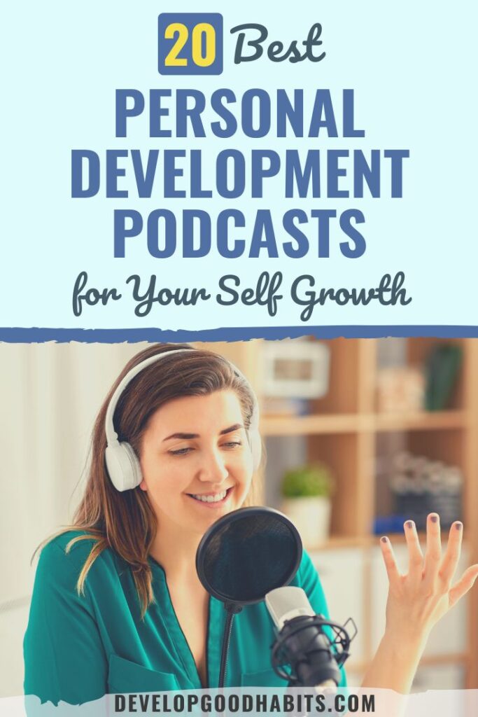 Header graphic reading '20 Best Personal Development Podcasts for Your Self Growth' on a light blue background above a photo.