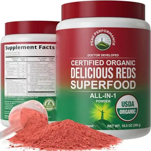 Organic Reds Superfood Powder. Best Tasting Organic Red Juice Super Food with 25+ All Natural Ingredients and Polyphenols.