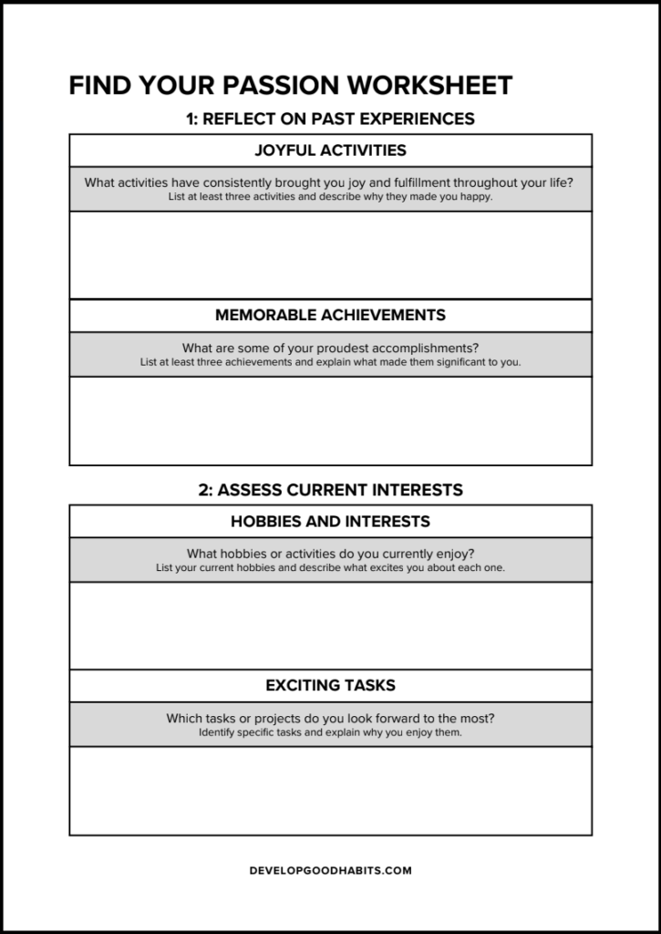Find Your Passion Worksheet: Sections for Reflecting on Past Experiences, Happy Activities, Memorable Achievements, Hobbies and Interests, and Exciting Tasks.