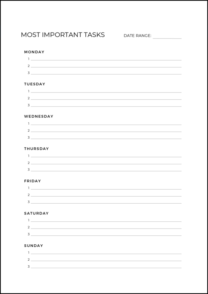 Weekly to-do planner titled 'Most Important Tasks' with days of the week and three task lines per day.