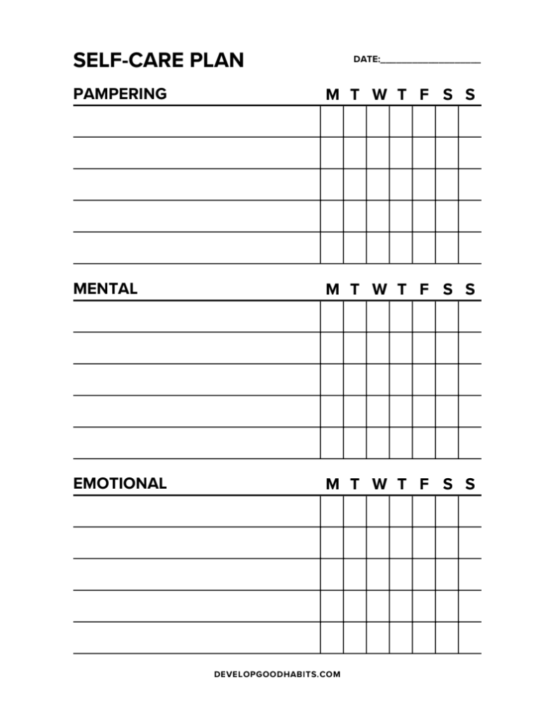 Self-care plan worksheet with sections for Pampering, Mental, and Emotional care, each with weekly checkboxes and lines to write activities.