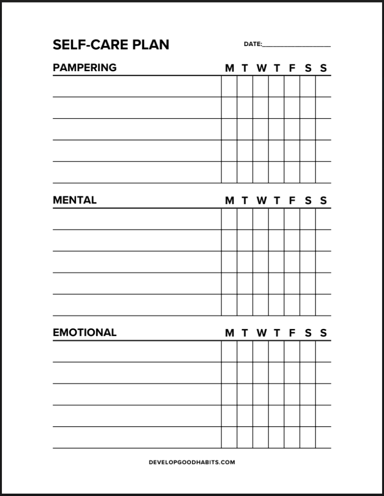 Self-care plan worksheet with sections for Pampering, Mental, and Emotional care, each with weekly checkboxes and lines to write activities.